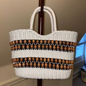 Beachy White and Brown Woven and Beaded Bag. Mid size tote